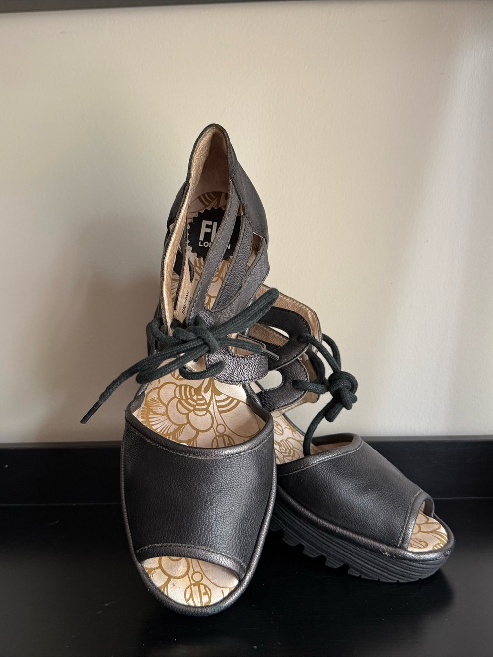 FLY London Leather Wedge Sandals EU 42 US 10-10.5 Black Lace Up